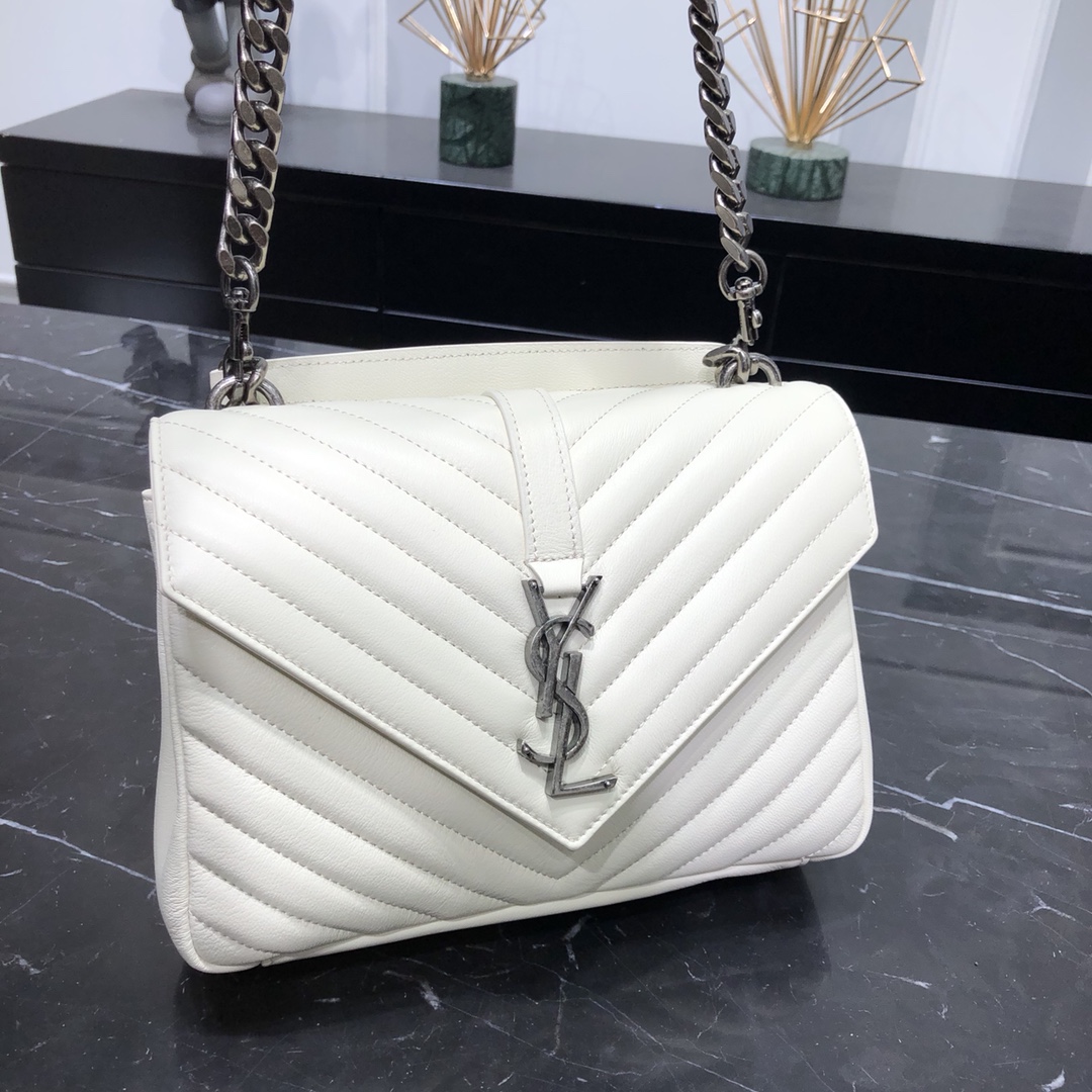 Saint Laurent Lambskin College Handbag Shoulder Bag White 600279 Silver